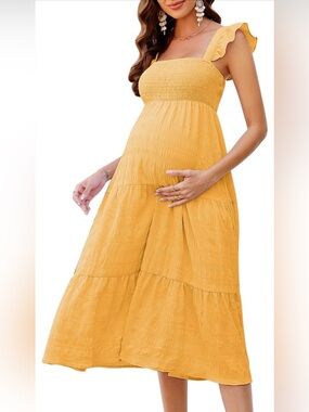 Light Yellow Smocked Tiered Midi Dress Ruffle Straps - Size [S]